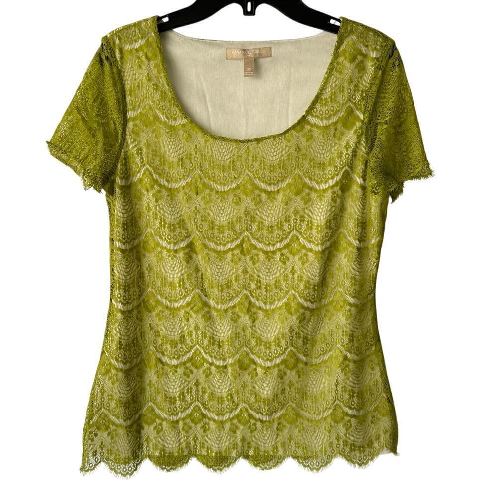 Banana Republic Womens Crochet Top Size XS Lace Green Forest Fairy Shirt Office